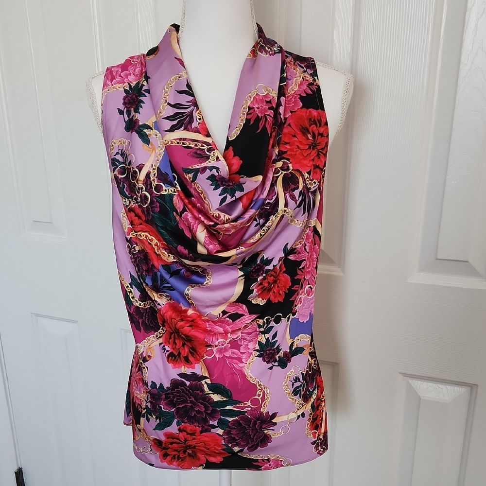 Boston Proper Sleeveless Floral Blouse Draped Cowl Neck XS Glam